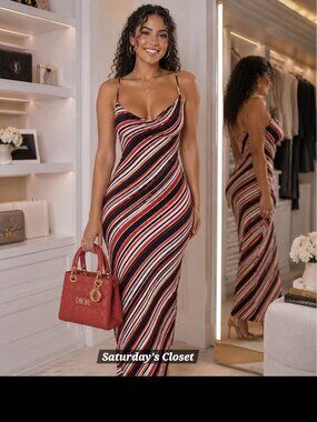 **FAITH,LOVE & PASSION-Red/White/Black Diagonal Striped, Cowl Neck Dress. Size L